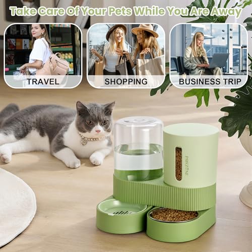 2 Pack Automatic Cat Feeder Stainless Steel Water Dispenser Gravity Food Feeder and Waterer Set with Pet Food Bowl for Small Medium Kitten Puppy Pets Large Capacity(Green) - color: Green