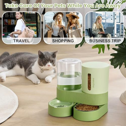 2 Pack Automatic Cat Feeder Stainless Steel Water Dispenser Gravity Food Feeder and Waterer Set with Pet Food Bowl for Small Medium Kitten Puppy Pets Large Capacity(Green) - color: Green