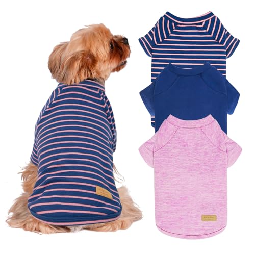 KYEESE 3Pack Small Dog Sweater, Soft Puppy Sweatshirt Pullover Stretchy Dog Sweater for Small Dogs Girl Boy, Lightweight Fleece Cat Shirt Pet Clothes with Sleeves, S - color: 06# 3Pack(Pink+Blue+Stripe), size: Small (4-8lbs)