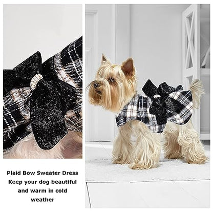 Dog Sweater Dresses for Small Dogs Girl, Puppy Clothes Plaid Dress Doggie Princess Dress, Winter Pet Holiday Festival Apparel Outfits, S, Black, 7-9lb - color: Black Plaid, size: Small (Chest 15in )