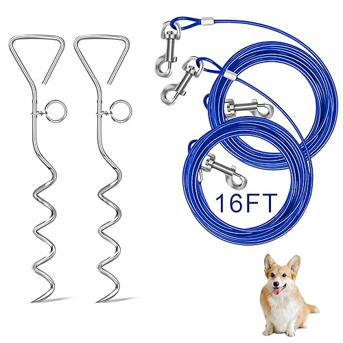 Relux Dog Tie Out Cable and Stake,16 Inch Heavy Duty Dog Anchor Spiral Stake for Small to Medium Dogs (Blue-16FT 2Pack) - color: Blue-16FT 2Pack