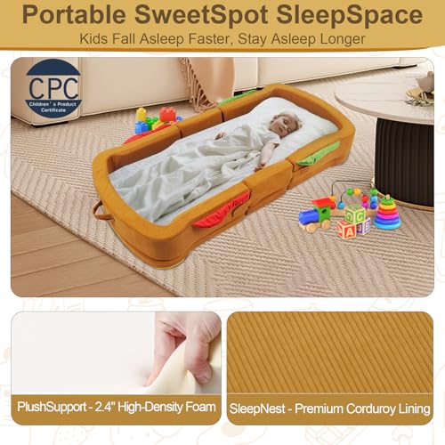 Toddler Travel Bed Sandwich Style - Portable Toddlers Floor Beds, Foldable Soft Foam Travel Crib for Baby and Kid, Washable Cover Toddler Cot with Safety Rail for Travel, Home/Travel Sleep - size: Large – for Kids Ages 2–6