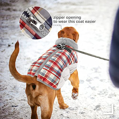 FUAMEY Dog Coat for Small Dogs,Waterproof Dog Winter Jacket with Harness Built in Puppy Cold Weather Coats Reflective Pet Vest with Zipper Warm Fleece Dogs Snowsuit Windproof Red Plaid XS - color: Red Plaid, size: XS(chest:14in)