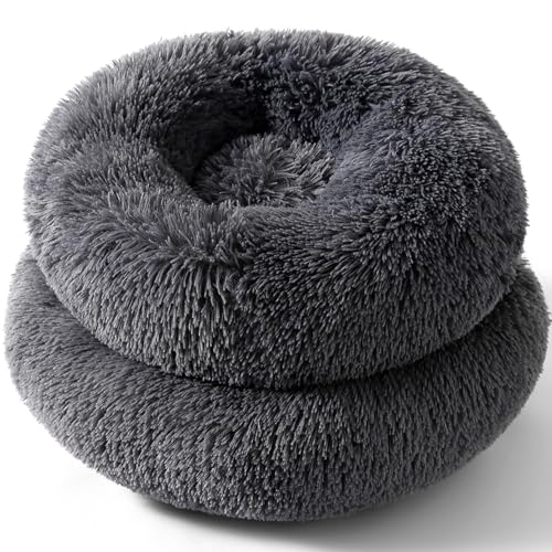 Calming Cat Bed for Indoor Cats & Small Dogs, Pet Bed for Puppies Rabbit,Machine Washable Non-Slip Donut Sofa for 6.5lbs Pet，Plush Dark Gray Cama para Gatos，Dark Gray