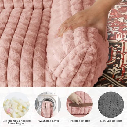 Cute Small & Medium Dog Couch Bed – Supportive & Fluffy Pet Sofa with Faux Rabbit Fur Washable Cover in 3D Diamond Pattern, 36" Pink - color: Pink, size: Large: 36"L x 27"W x 10"Th