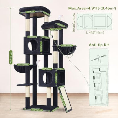 Globlazer 72in Heavy Duty Cat Tree Tower for Large Adult Cats, Multi-Level Cat Condo Stand with 2 Cozy Baskets & 6 Sisal Scratching Posts, S72E, Dark Grey - color: Dark Grey