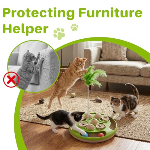 Walfront Interactive Cat Toy for Indoor Cats, Feather Spring Cat Toy with Rolling Balls, Tree Shape Puzzle Track Toy for Kittens, Self Play Cat Activity Center, Boredom Relief Hunting Exercise Toy
