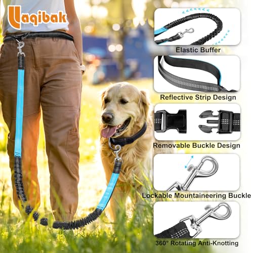 Laqibak Hands Free Dog Leash, Adjustable Waist Leash for Dog, Handle Bungee 4.2-6.7 Feet Long with Reflective Stitches for Walking Hiking Running, Fits 26"- 43" Waist, Black & Blue - color: Black+Blue