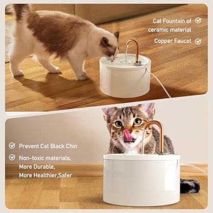 Ceramic Cat Water Fountain, 2.1L/71oz Ceramic Cat Fountain, Automatic Ceramic Water Fountain for Cats, Pet Water Fountain with Ultra-Quiet Pump and 3 Filters & 3 Sponges (White)