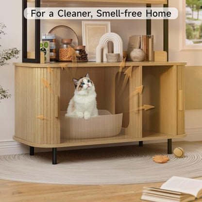 ONBRILL 54 Inch Hidden Litter Box Furniture with Shelves and Outlets,Fluted Cat Litter Box Enclosure, Mid-Century Modern Wooden Cat House with Sliding Tambour Door and Hooks, Oak - color: Oak
