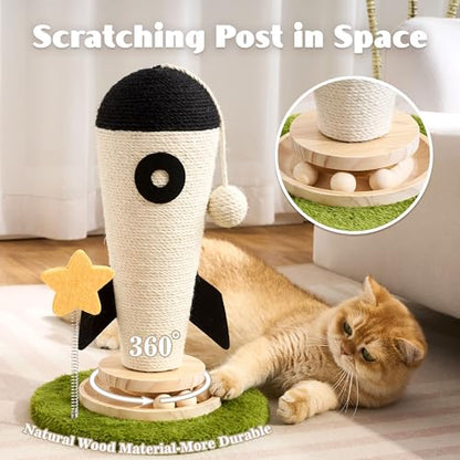 Cat Scratching Post, Rocket Cute Sisal Cat Scratcher with Durable Solid Wood Turntable Toy, Cat Scratch Post Red Cat Scratcher with Spinning Star Toy for Indoor Adult Cats - color: Black Rocket