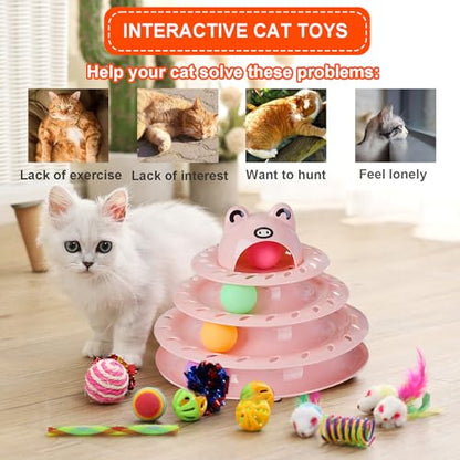 17 Pack Cat Toys, 4-Level Turntable Ball Track Interactive Cat Toy for Indoor Cats, Self Play Fun Roller with Colorful Rotating Ball Puzzle Exercise Kitten Toys Set - color: Light Pink