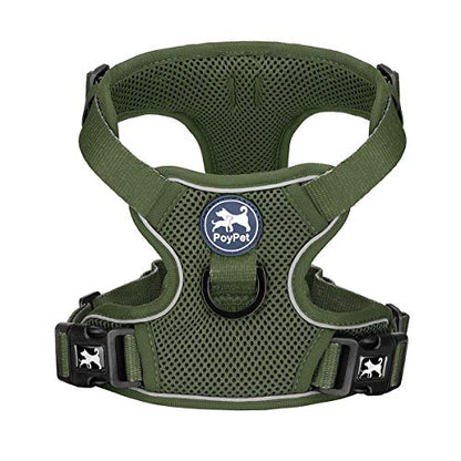 PoyPet Reflective Soft Breathable Mesh Dog Harness Choke-Free Double Padded Vest with Adjustable Neck and Chest(Military Green,S) - color: Military Green, size: S