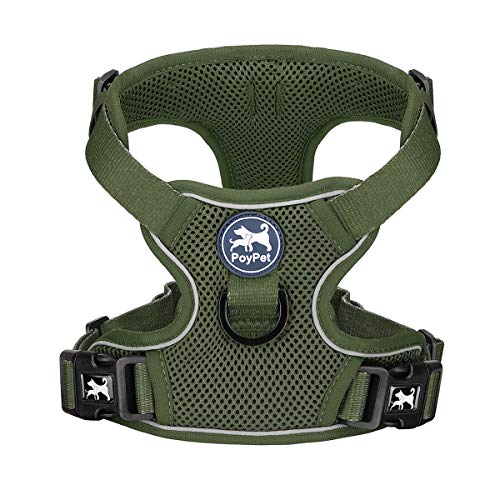 PoyPet Reflective Soft Breathable Mesh Dog Harness Choke-Free Double Padded Vest with Adjustable Neck and Chest(Military Green,S) - color: Military Green, size: S
