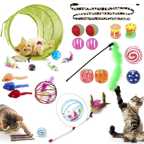 SunGrow Cat Tunnel and Assorted Activity Variety Pack, Interactive Kitten Accessories, for Indoors, Teaser Wand, Crinkle Balls, Bell Set, etc. (Assorted Toys, 30 Pieces)