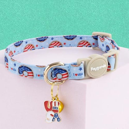 Faygarsle 2 Pack Patriotic American Flag Dog Collar Pattern Cat Collars Breakaway Safety Collar with Bell Spring Summer Design for Girl Cats, Red White Blue - color: Blue & White Flag
