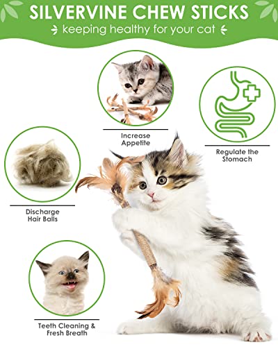 TINDTOP Silvervine Sticks for Cats with Natural Feather, Catnip Chew Toys for Kittens Teeth Cleaning, Increase Appetite, Calm Cat Anxiety and Stress, Cat Dental Toy (3 Pack) - color: 3 Pack
