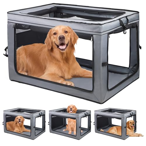 MEGHNA Dog Crate Portable Collapsible Lightweight Soft Sided Folding Travel Dog Kennel Double Door Collapsible 620D Oxford Fabric Cage (Grey, Large) - size: Large