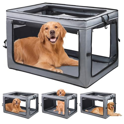 MEGHNA Dog Crate Portable Collapsible Lightweight Soft Sided Folding Travel Dog Kennel Double Door Collapsible 620D Oxford Fabric Cage (Grey, Large) - size: Large