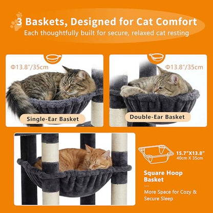 Heybly Cat Tree, 74.8-Inch Spacious & Tall Cat Tower for Large Cats, Cat Furniture with Large Top Perch, Solid Base, 2 Cat Condos, Hanging Hammock, Durable Sisal Scratching Posts, Smoky Gray HCT062G - color: Smoky Gray