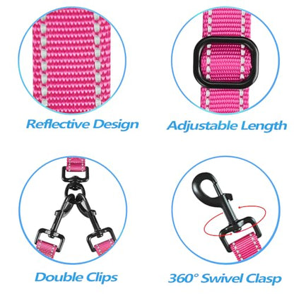 Double Dog Leash, No Tangle Dual Leash, Reflective Walking Training Lead, 4 Comfortable Padded Handles for 2 Dogs with Collapsible Bowl and Waste Bags (Pink, Large) - color: Pink