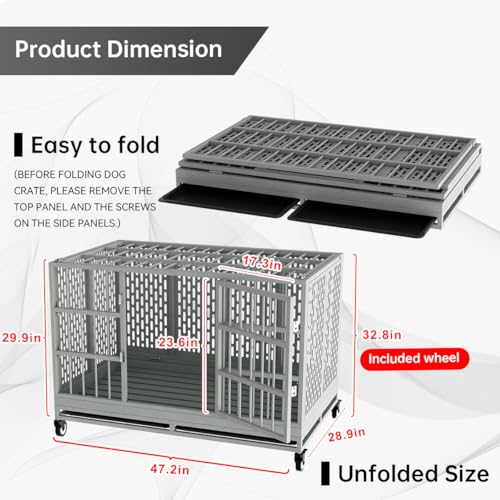 Snuowu 48 Inch Heavy Duty Dog Crate with Wheels, Folding Metal Big Dog Cage for Large and Medium Dogs, Extra Large XL XXL Indestructible Dog Crate with Removable Tray. - size: 48-Inch Silver （Fold）
