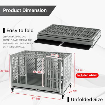 Snuowu 48 Inch Heavy Duty Dog Crate with Wheels, Folding Metal Big Dog Cage for Large and Medium Dogs, Extra Large XL XXL Indestructible Dog Crate with Removable Tray. - size: 48-Inch Silver （Fold）