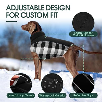 Kuoser Dog Winter Coat, Reversible Waterproof Dog Jacket with Reflective Strip, Warm Dogs Fleece Vest Adjustable Doggy Cold Weather Clothes Plaid Christmas Outfit Pet Apparel for Medium Dogs, Black M - color: Black, size: Medium (Chest Girth: 17.3-20.9''