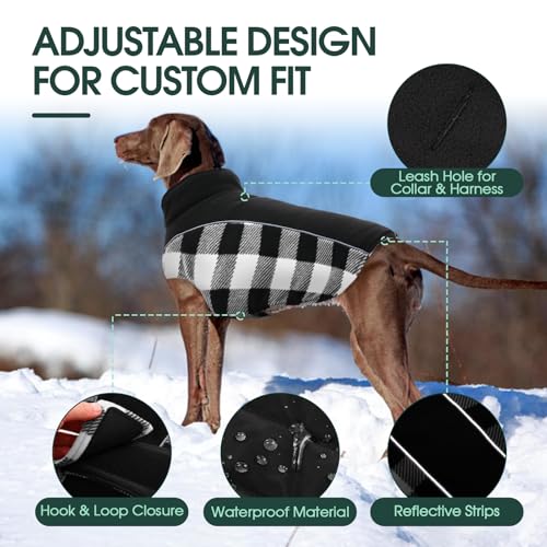 Kuoser Dog Winter Coat, Reversible Waterproof Dog Jacket with Leash Hole, Warm Dogs Fleece Vest Adjustable Doggy Cold Weather Clothes Plaid Christmas Outfit Pet Apparel for Extra Large Dogs, Black 3XL - color: Black, size: XXX-Large (Chest Girth: 35.4-43.