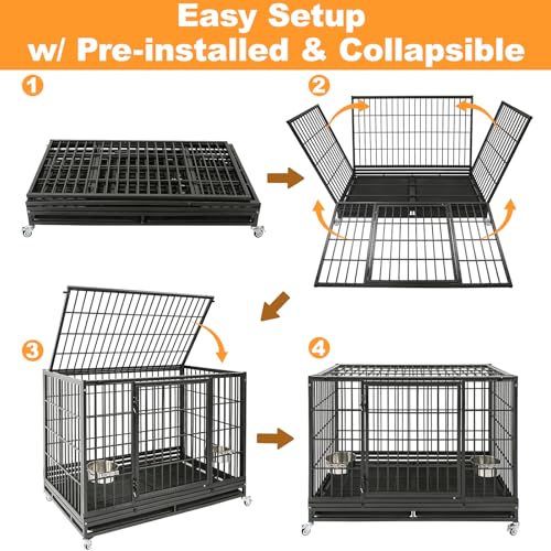 Homey Pet Large Dog Crates for Large Dogs, 47 Inch Heavy Duty Stackable Dog Cage with 2 Bowls, 4 Wheels, Double Removable Trays and Grids, Escape Proof Metal Wire Dogs Kennel Indoor - size: 47.0"L x 28.5"W x 35.0"H