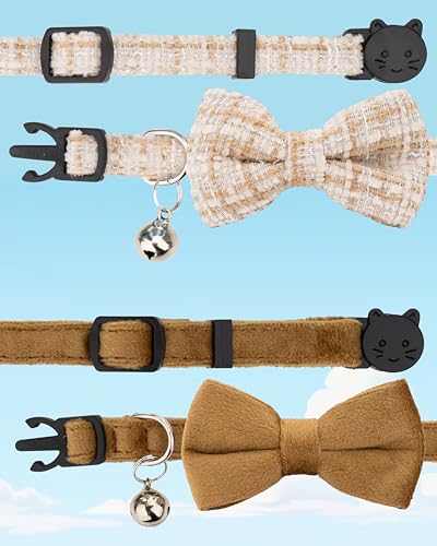 Cat Collar with Bow Tie 2pcs Set Bell Boy Girl Kitten Safety Plaid Grid Checkered Solid Color Suede Velvet Cute Soft Fluffy Gift B-[2pcs] Khaki - color: Style B-[2pcs] Khaki