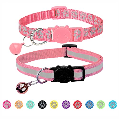 2 Pack Reflective Cat Collar Breakaway with Bell,Personalized Kitten Collars,Adjustable Safety Buckle Collar for Male Cats Girls & Boys (Pink) - color: Pink