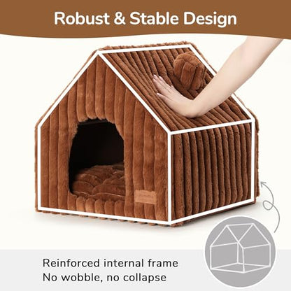 FUKUMARU Cat Houses for Indoor Cats, Washable Cute Cat Bed Cave with Removable Pillow, Large Semi-Enclosed Cozy Dog House Indoor, Soft Faux Rabbit Fur Kitten Bed, 17.5-Inch Durable Cat Hideaway, Brown - color: Brown