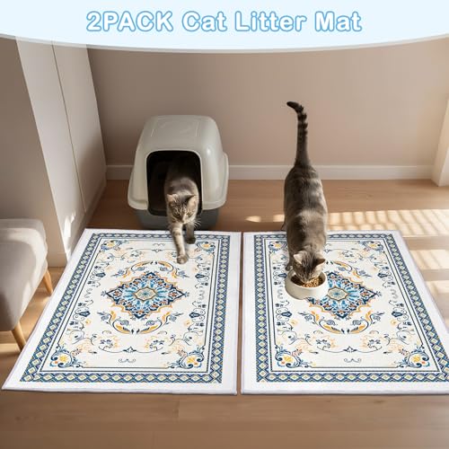 Washable Cat Litter Mat 48"x36" 2Pack with Non-Slip Bottom Waterproof Litter Box Mat Easy to Clean Litter Trapping Mat for Kitty - color: Blue&White, size: 48"x36"-2 Pack