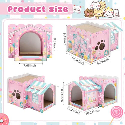 Lineshading 2 Story Cardboard Cat House with Scratcher Pad, Multi Level Durable Cat Scratcher House for Small Kitten Bunny Rabbit Animals Christmas Birthday Gift(17x12x10,Confectionery) - style: Confectionery