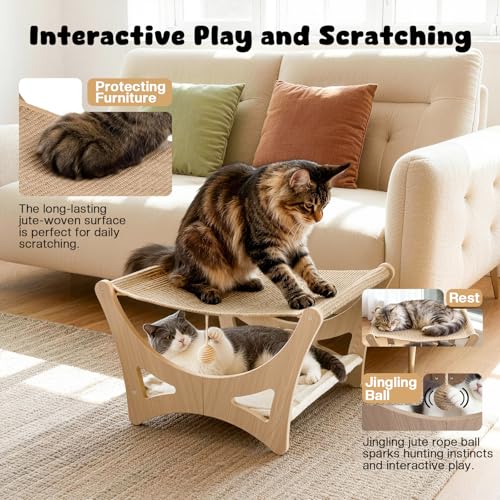 Double-Layer Cat Hammock Bed, Wooden Elevated Cat Beds with Natural Sisal Scratching Mat, Cats Scratcher Bed with Removable Soft Cushion, Cats Scratching Beds with Wood Frames - color: Narual Wood (Double Layers)