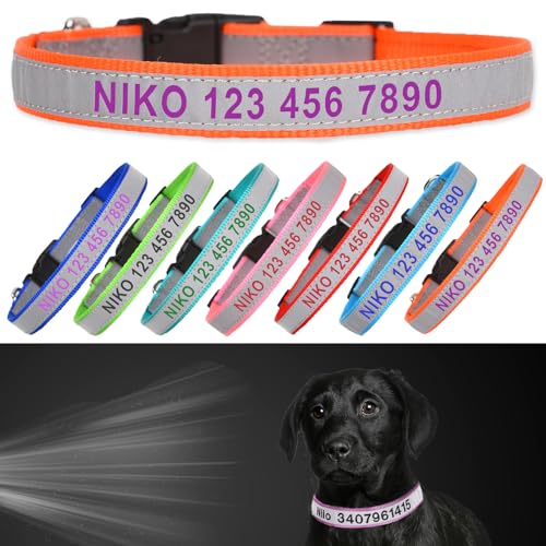 Reflective Personalized Dog Collar - Custom Embroidered Pet Name and Phone Number with Adjustable Nylon Buckle Collars in 5 Sizes XS to XL for Boy and Girl Dogs,Puppy,Orange - color: Orange