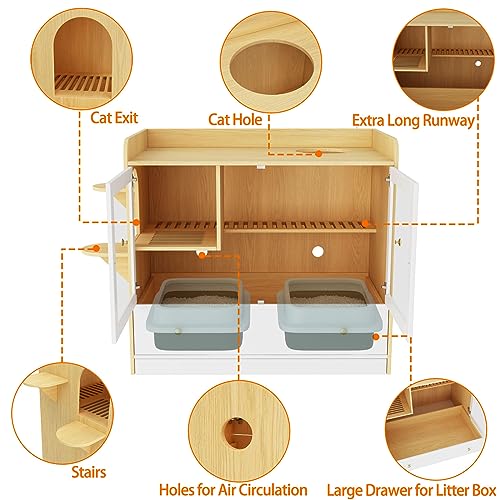 Extra Large Cat Litter Box Enclosure Furniture Hidden, Cat Condo Cabinet Pet House with Stairs for 2, Nightstand Side Table witha Large Drawer for Living Room, Natural - color: Burlywood
