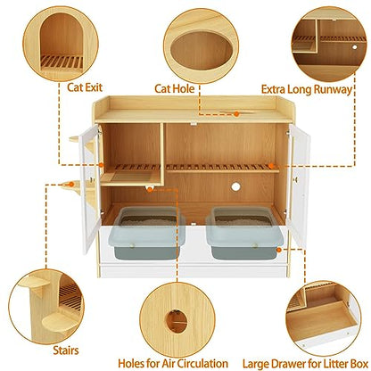Extra Large Cat Litter Box Enclosure Furniture Hidden, Cat Condo Cabinet Pet House with Stairs for 2, Nightstand Side Table witha Large Drawer for Living Room, Natural - color: Burlywood