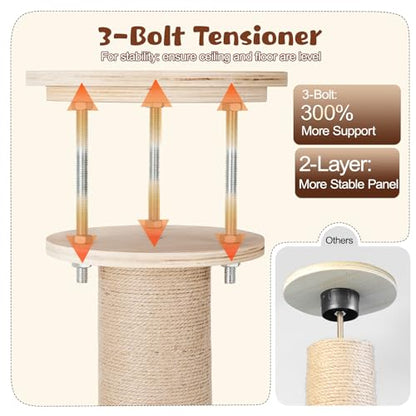 Solid Real Wood Floor to Ceiling Cat Tree, 5 Level Adjustable Height (75"-91"), Modern Climbing Tower with Thickened Wooden Sisal Scratching Posts & Cozy Bed for Indoor Cats Large Adult - size: 5 Level | 75-91 in(up to 7.6ft)