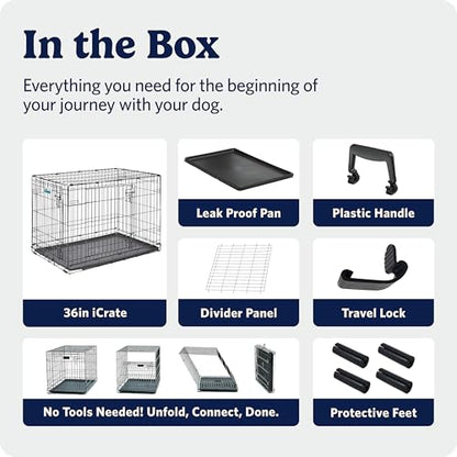 MidWest Homes for Pets 36-Inch iCrate for Medium-Large Breeds, 41-70 lbs, Single Door Folding Dog Crate with Divider Panel, Leak-Proof Tray & Secure Latches, Portable, Durable & Easy to Assemble - size: 36.0"L x 23.0"W x 25.0"H