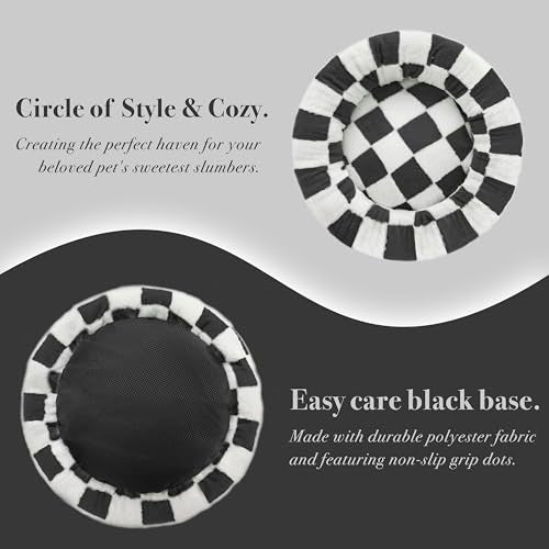 Ohocut Checkered Cat Dog Bed, Cute Black White Retro Style Aesthetic Round Warming Pet Calming Beds for Small Dog and Cats, Plush Cozy Donut Beds Washable, 23" L x 23" W x 8" Th - color: Black, size: 23"L x 23"W x 8"Th