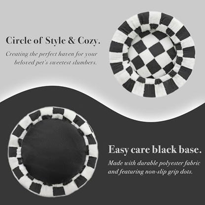 Ohocut Checkered Cat Dog Bed, Cute Black White Retro Style Aesthetic Round Warming Pet Calming Beds for Small Dog and Cats, Plush Cozy Donut Beds Washable, 23" L x 23" W x 8" Th - color: Black, size: 23"L x 23"W x 8"Th