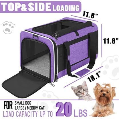 GAPZER Pet Carrier for Large Cat 20 lbs+ / Soft Sided Small Dog 12 Pounds Travel Crate Top Load/Collapsible Kitty Carry Bag Big Kitten Mesh/Sturdy Animal Transport cage Kennel Long Trips Purple - color: Purple