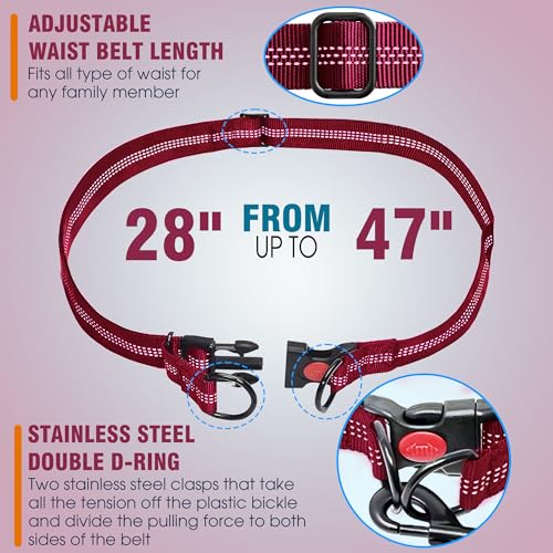 Hands Free Dog Leash with Waist Belt – No-Pull Bungee, Dual Padded Handles & Zipper Pouch for Running, Walking & Training – Adjustable Waist Leash for Large & Medium Dogs (Red) - color: Red