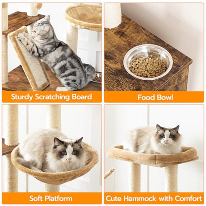HOOBRO Cat Tree with Litter Box Enclosure, 44" Tall Wooden Cat Tower with Scratching Posts, Cat Hammock, Hidden Litter Box Furniture, All-in-One Indoor Cat Condo, Rustic Brown FG48MZ03 - color: Rustic Brown