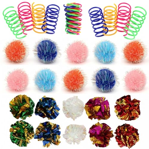 LASOCUHOO Cat Toys, 30 Packs Interactive Cat Toy Pack Including Cat Crinkle Balls, Cat Sparkle Balls, Spiral Springs for Kitten （Random Color）