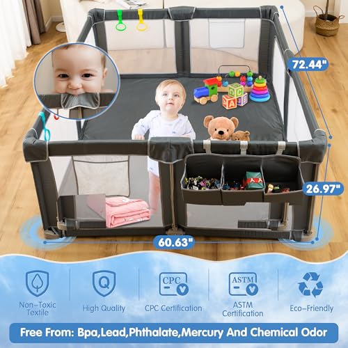 CAPAKIDS Foldable Baby Playpen 59"×71", Out-of-The-Box Ready Playpen for Babies and Toddlers, Portable Play Yard with Breathable Mesh & Gates, Storage Bag & 4 Handlers for Indoor & Outdoor - size: 59"x71"