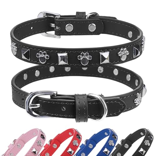 SCENEREAL Leather Dog Collars for Small Medium Dogs with Rivet, Adjustable Studded Cute Dog Collar for Pet Boy Girl Kitten Cats, Bling Spiked Puppy Collars, Black S - color: Black, size: Small (Adjustable Neck 11"-14")