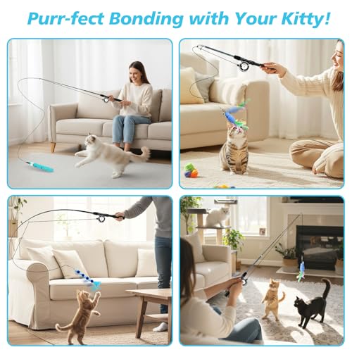 Pawaboo Cat Teaser Wand Toys, Cat Fishing Pole Toy with 3 Pack Feather Refills, 3-Section Retractable Kitten Feather Toys with Pulley, Indoor Cats Teaser Catcher Exerciser with Bell, Blue - color: Plush-Blue